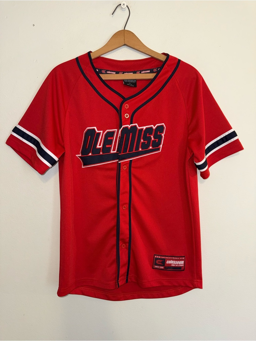 Ole Miss Rebels Colosseum Button Baseball Jersey Youth L Red NCAA Back Detail